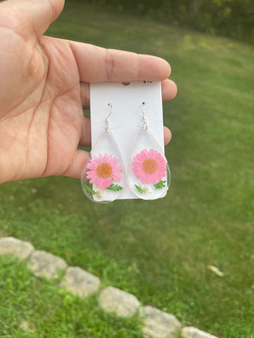 Pink Flower Clear Dangle Earrings