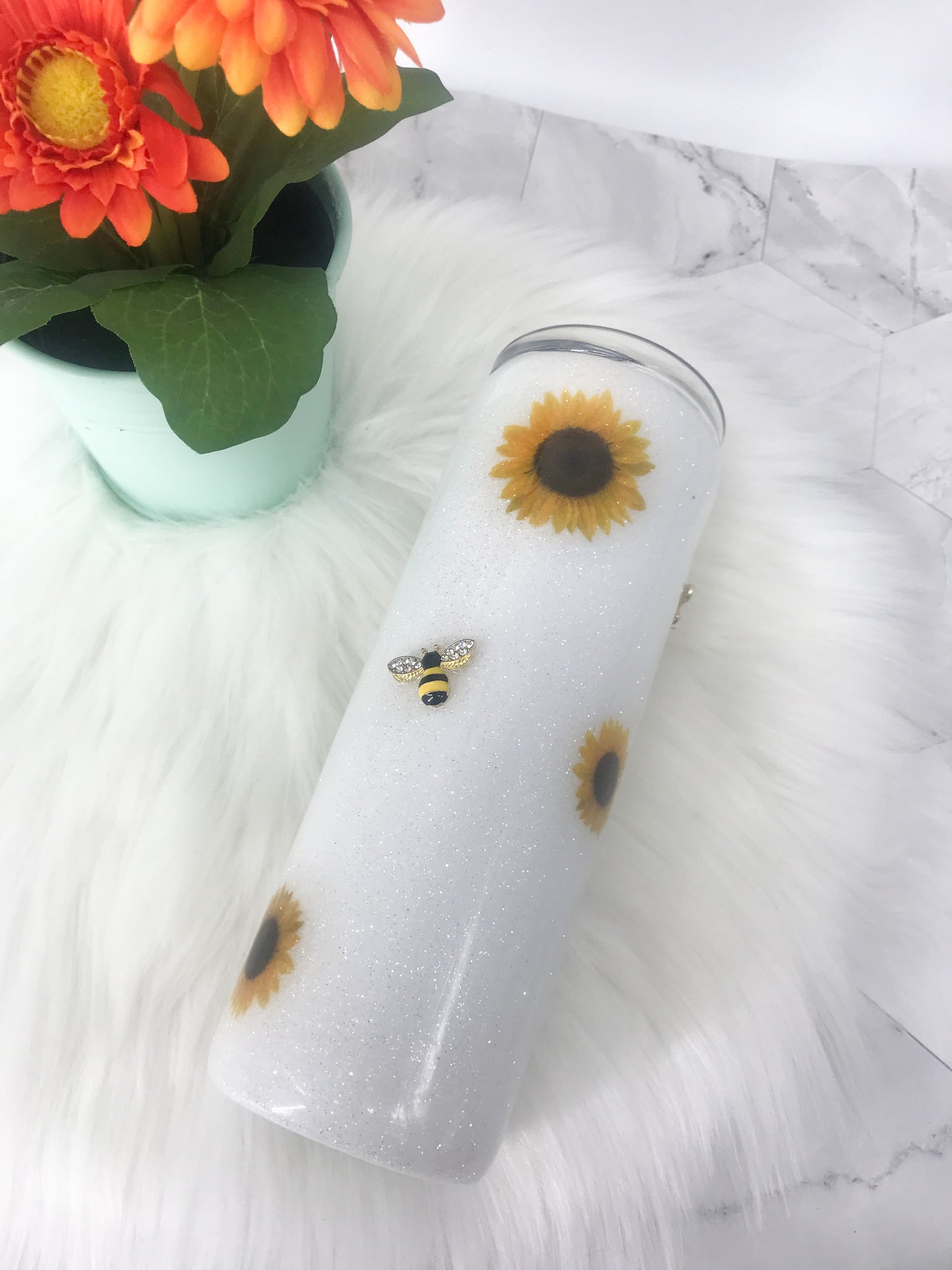 White Glittered Sunflower and Bee Tumbler