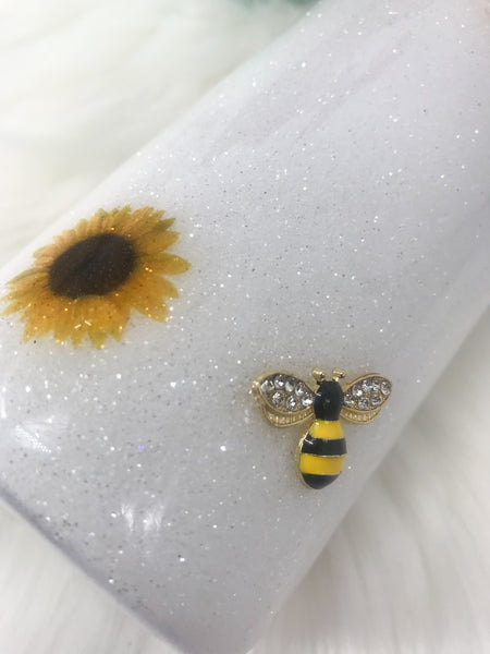 White Glittered Sunflower and Bee Tumbler